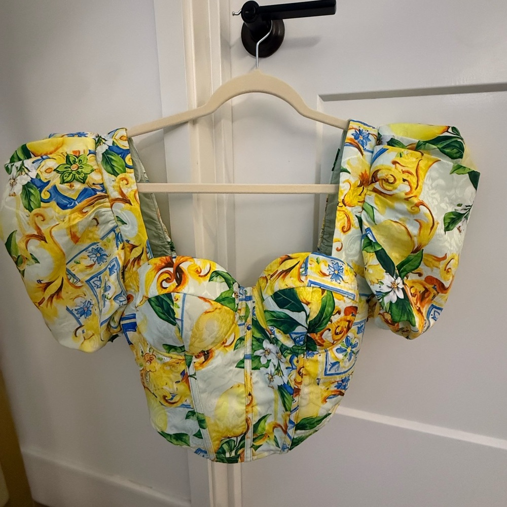 Blithe Lemon Print Puff Sleeve Corset Crop Top